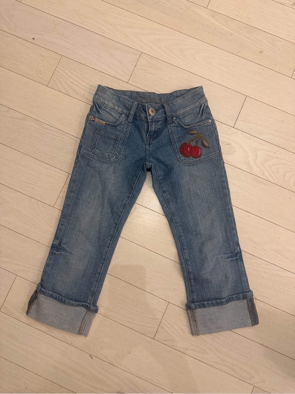 Blue Denim Capris with Cherry Embroidery